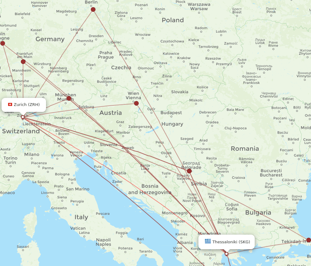 ZRH to SKG flights and routes map