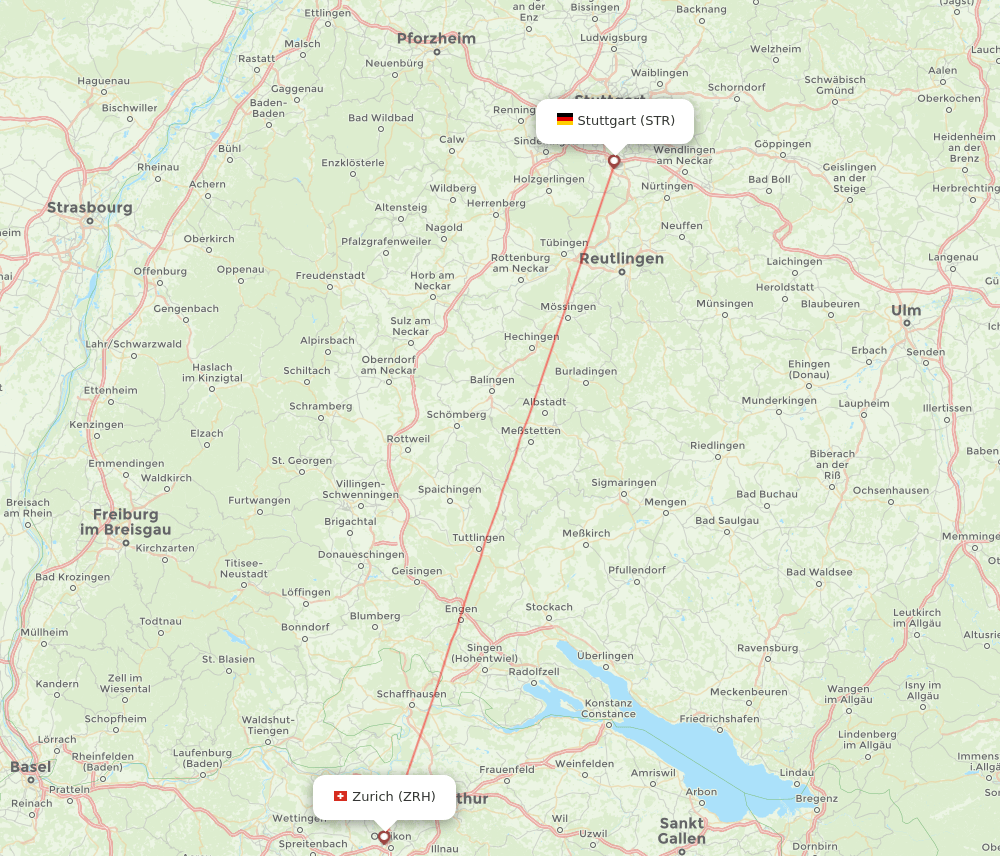 Zurich - Stuttgart route map and flight paths