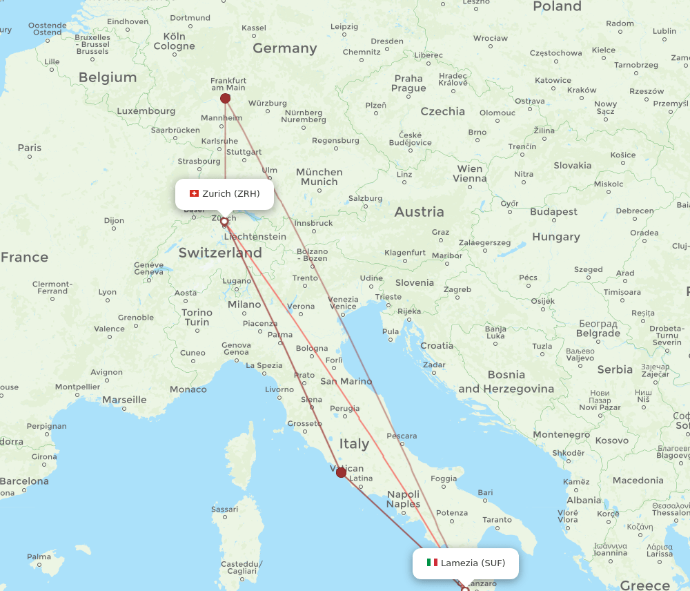 ZRH to SUF flights and routes map