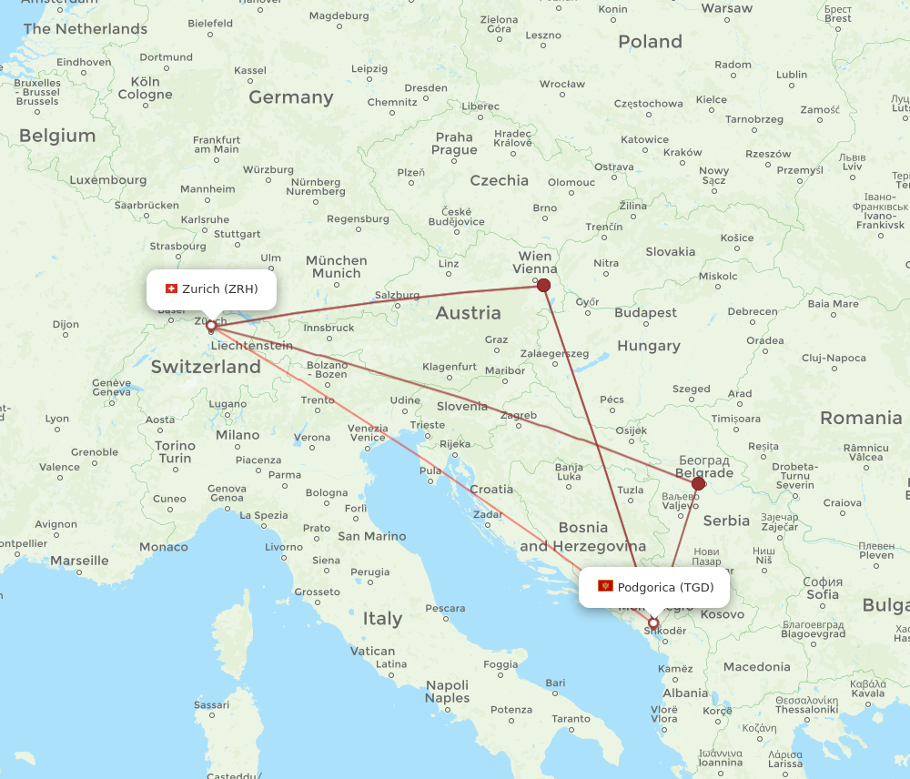 ZRH to TGD flights and routes map