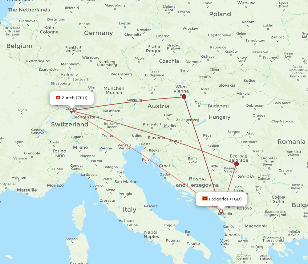 ZRH-TGD flight routes