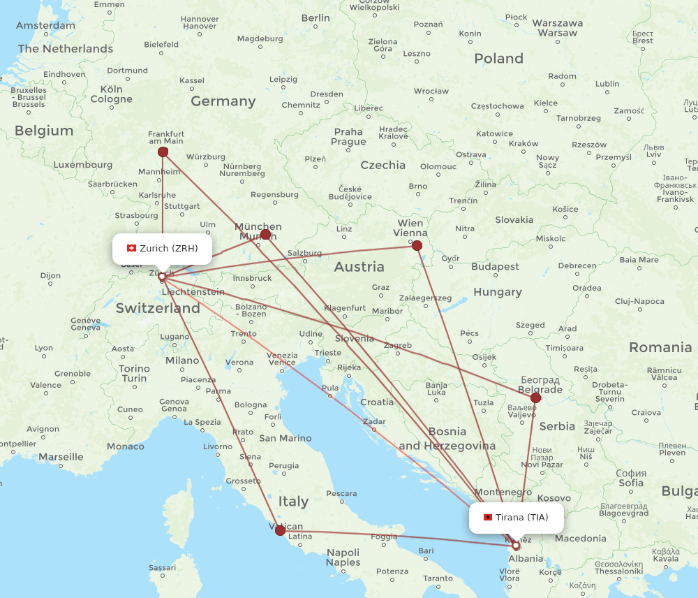 ZRH to TIA flights and routes map