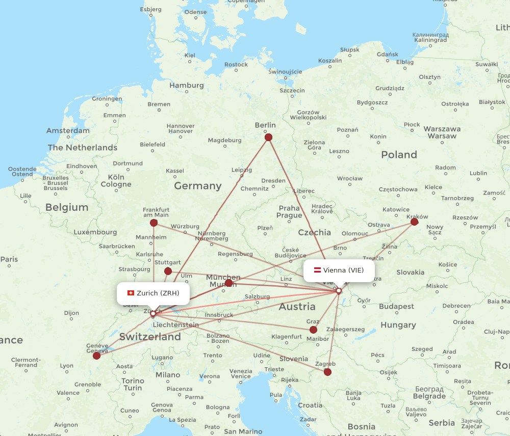 ZRH to VIE flights and routes map