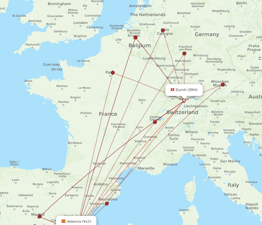 ZRH to VLC flights and routes map