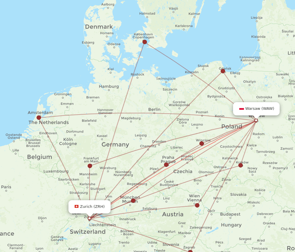 ZRH-WAW flight routes