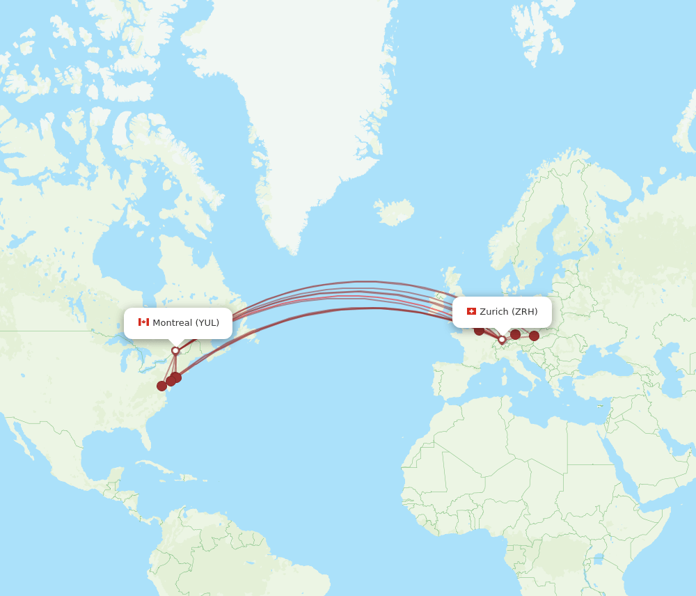ZRH to YUL flights and routes map
