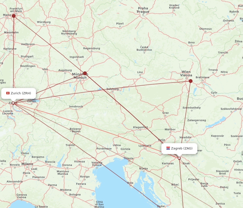 ZRH to ZAG flights and routes map