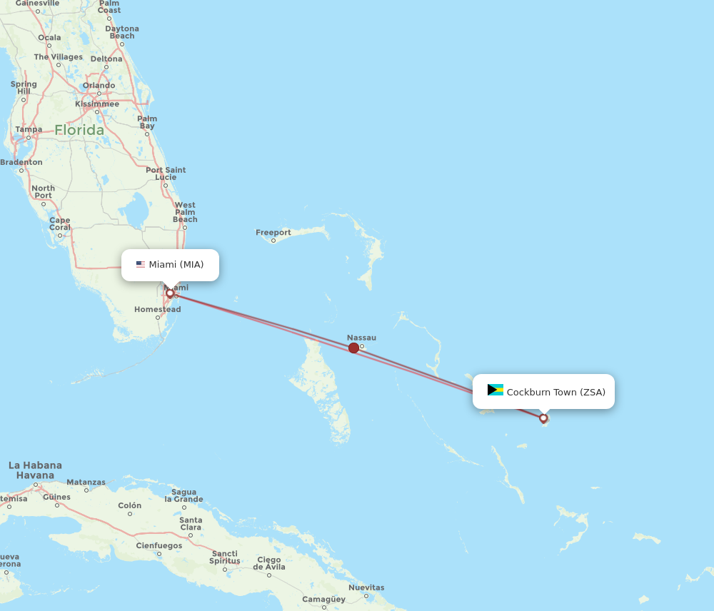 ZSA to MIA flights and routes map