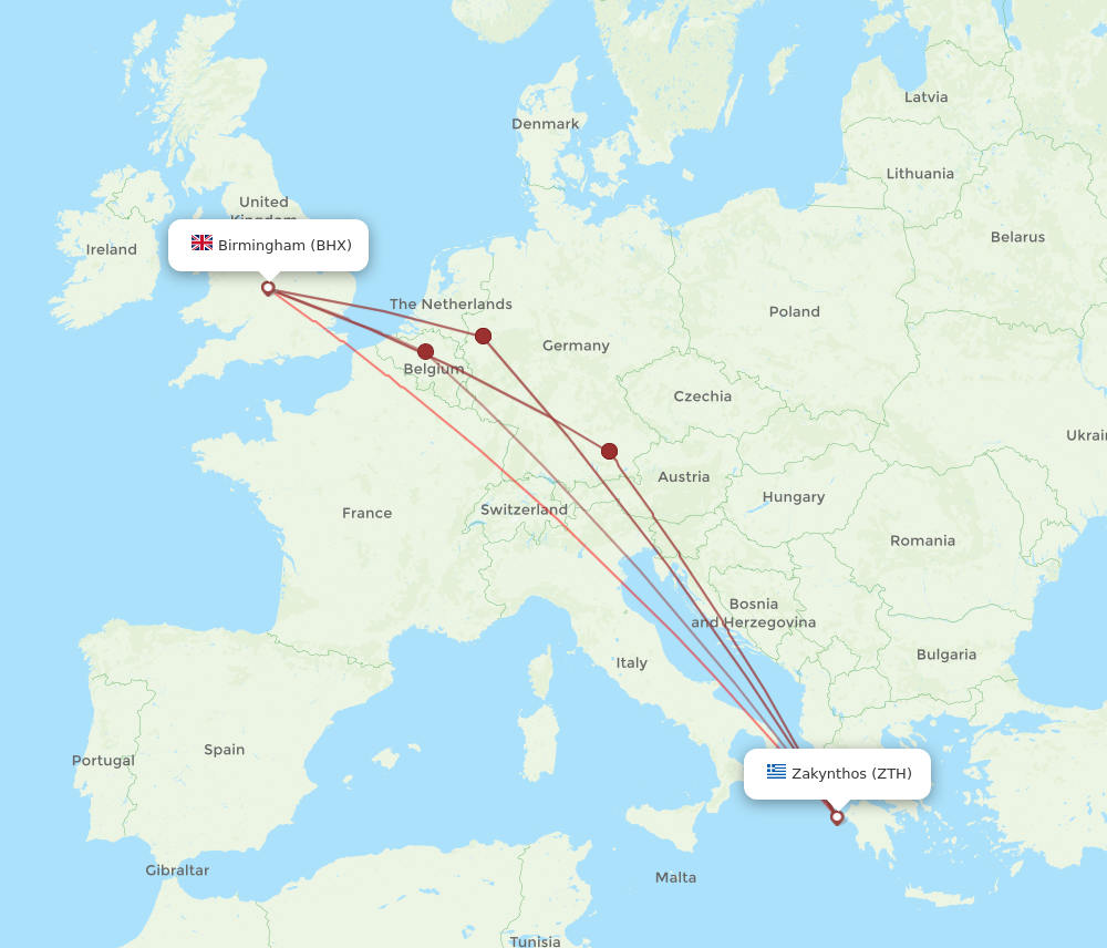 ZTH to BHX flights and routes map