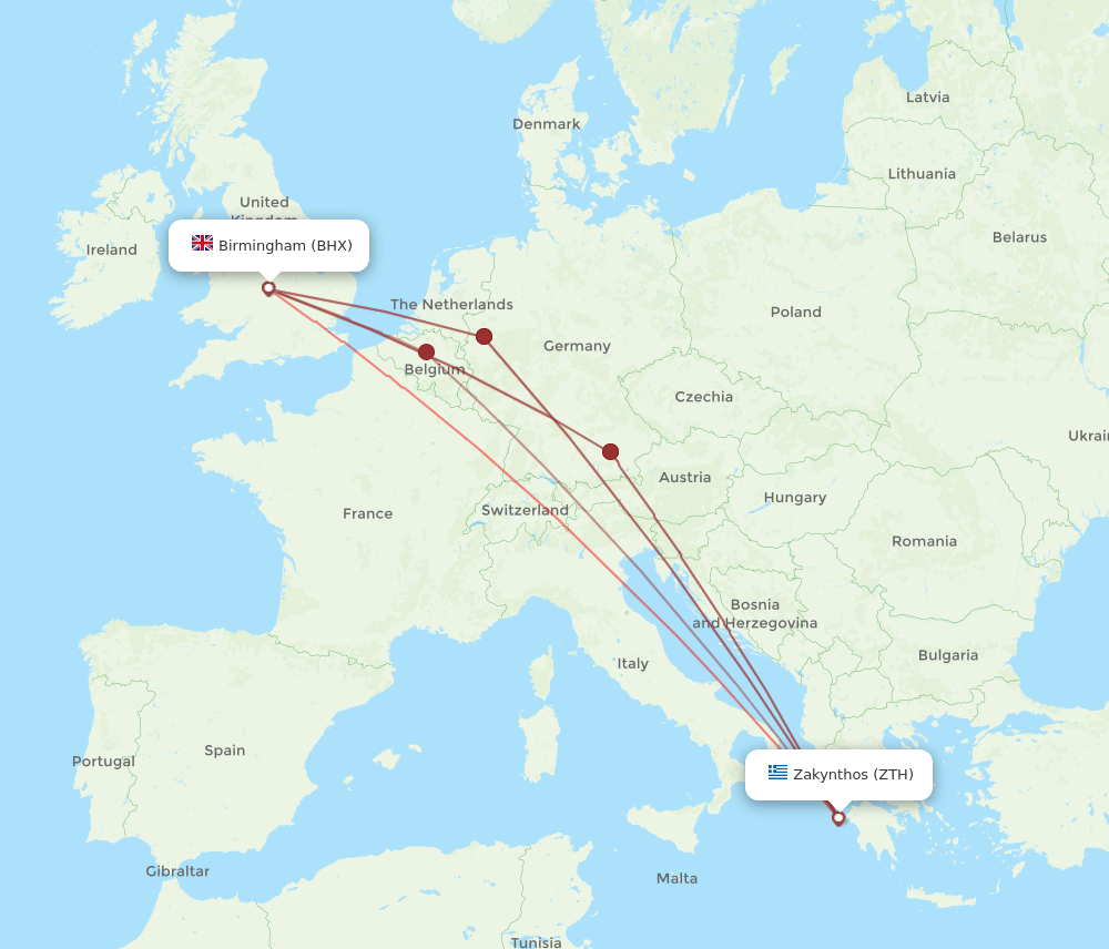 ZTH-BHX flight routes