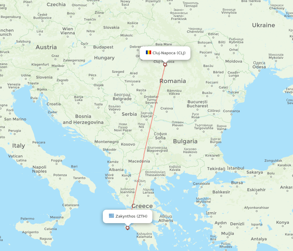 Zakinthos - Cluj-Napoca route map and flight paths