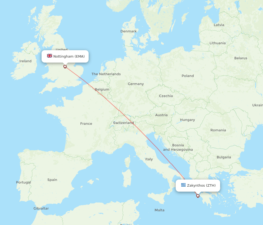 Zakinthos - Leicestershire route map and flight paths
