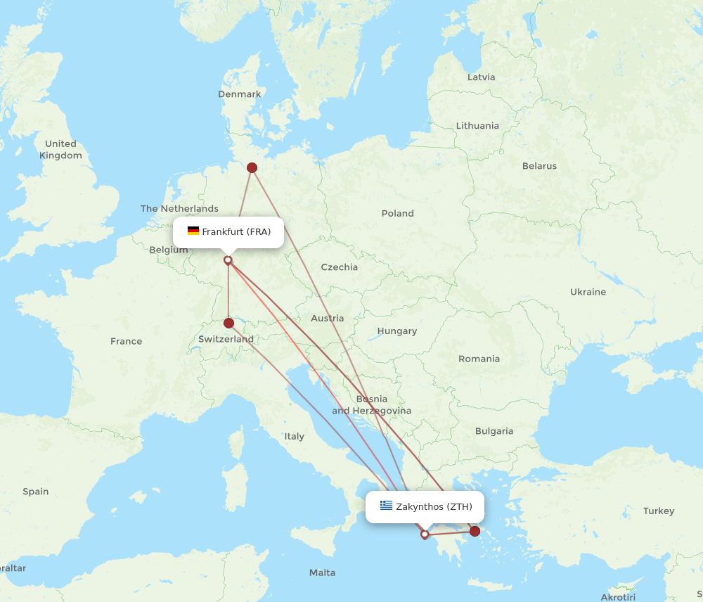 ZTH to FRA flights and routes map