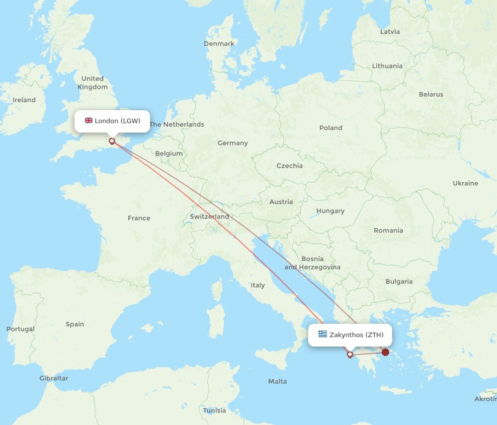 ZTH to LGW flights and routes map