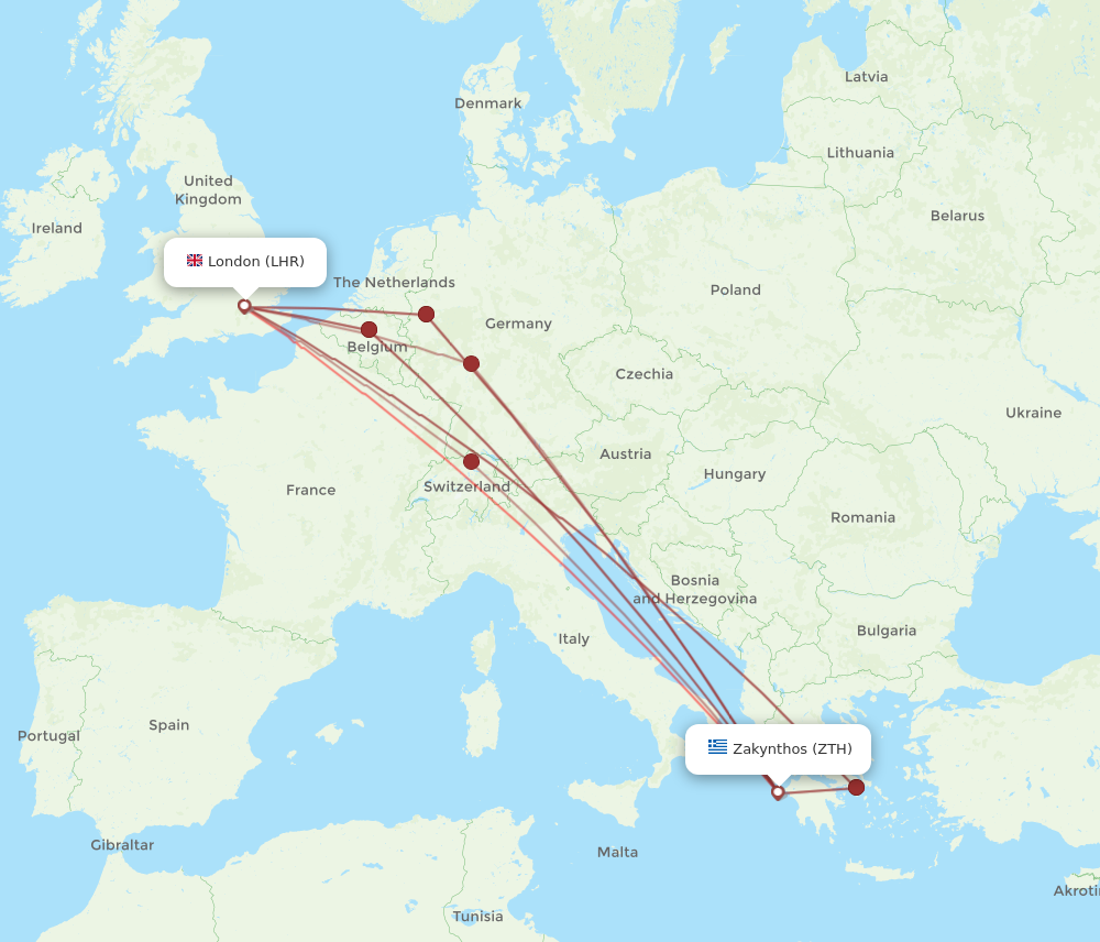 ZTH to LHR flights and routes map