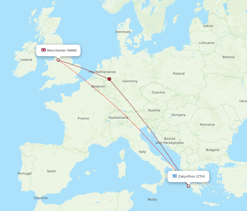 ZTH to MAN flights and routes map