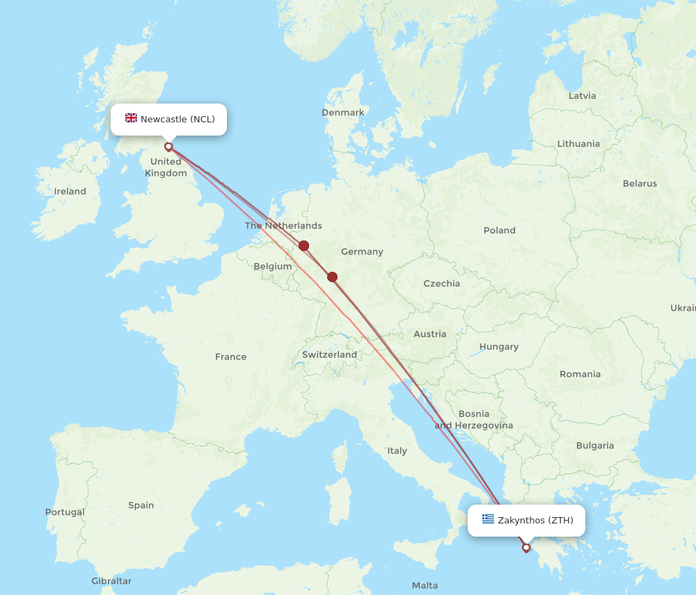 ZTH to NCL flights and routes map