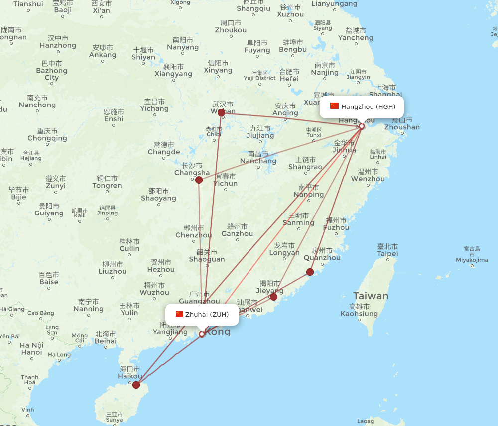 ZUH to HGH flights and routes map