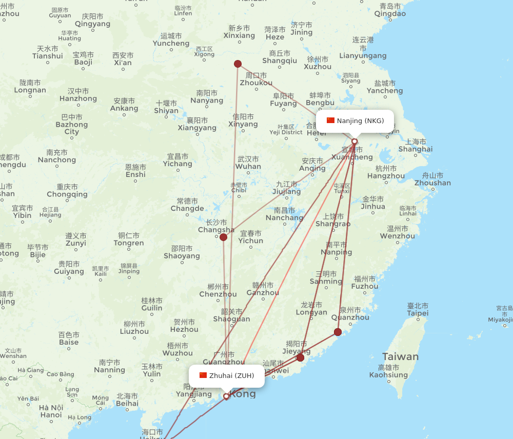 ZUH to NKG flights and routes map
