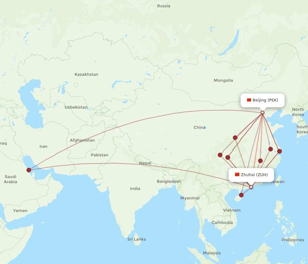 ZUH to PEK flights and routes map