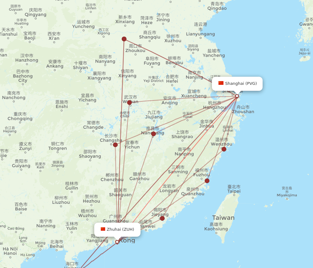 ZUH to PVG flights and routes map