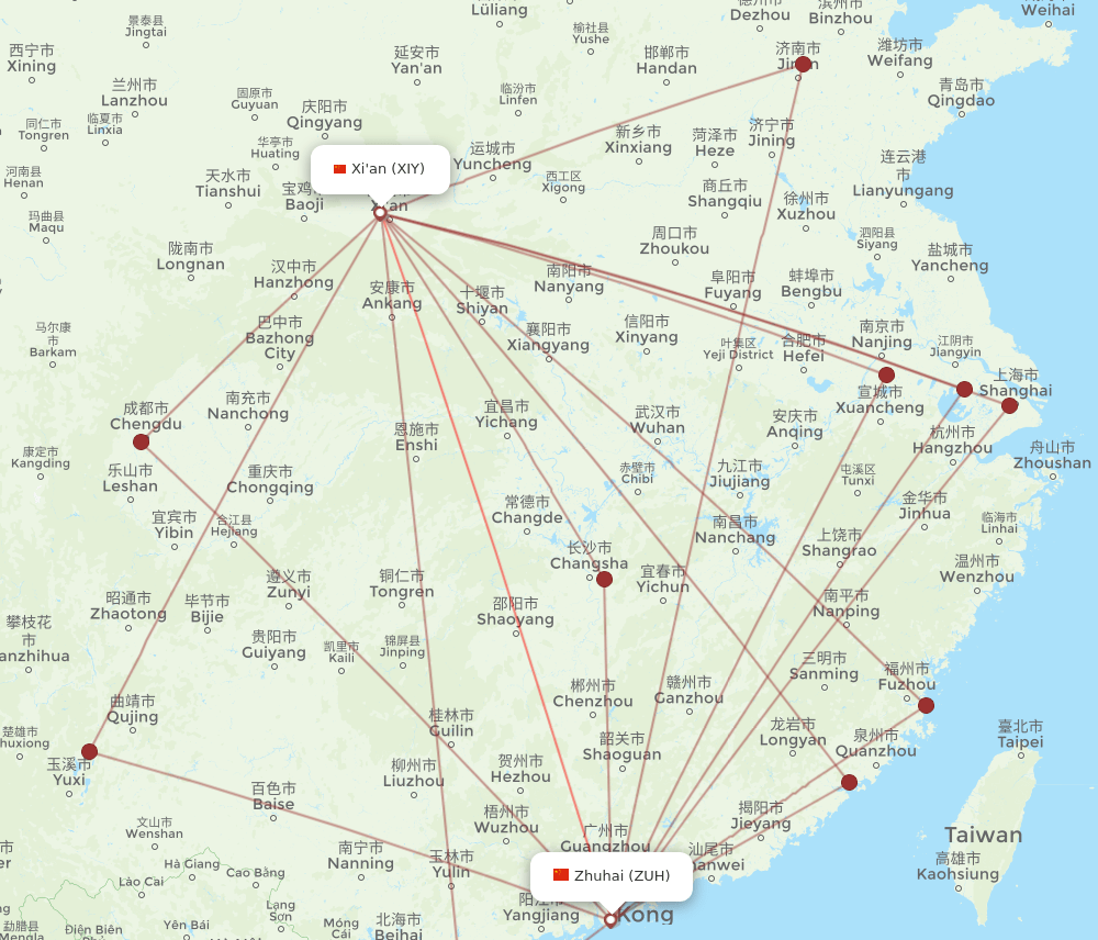 ZUH to XIY flights and routes map