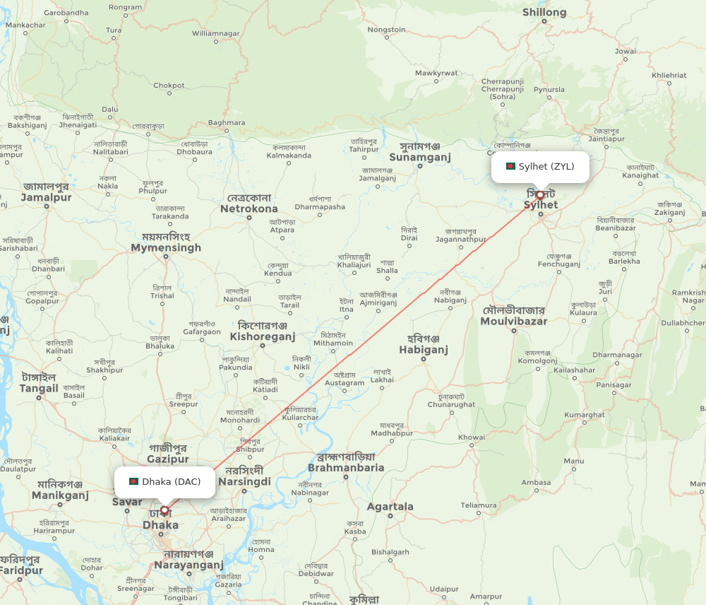 ZYL to DAC flights and routes map