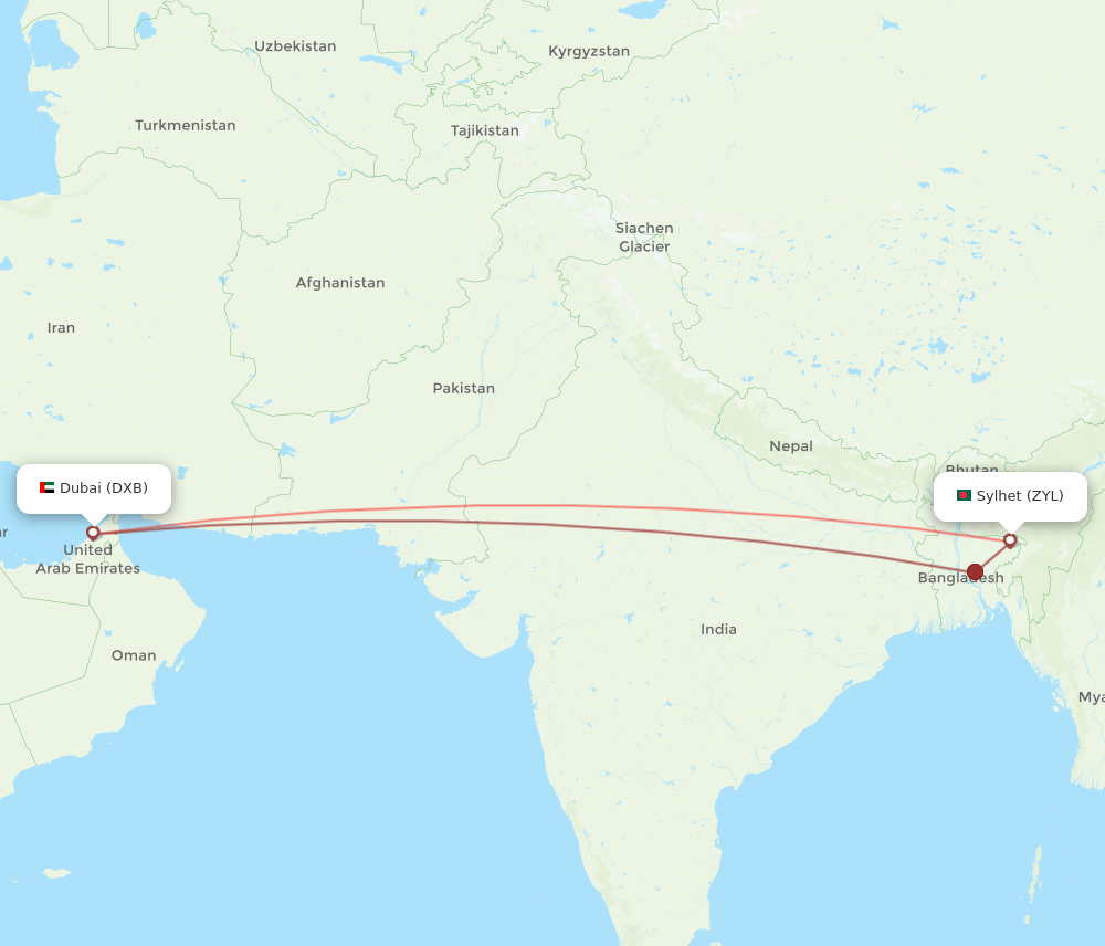 ZYL to DXB flights and routes map