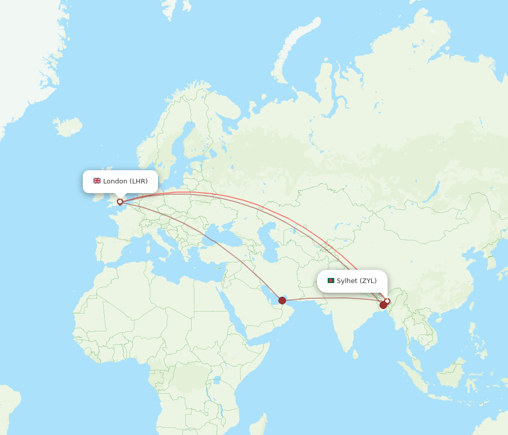 ZYL-LHR flight routes