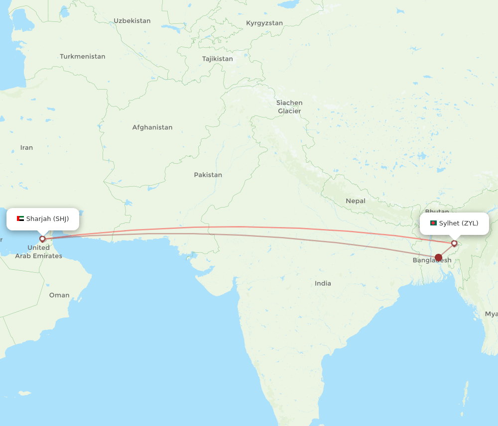 ZYL to SHJ flights and routes map